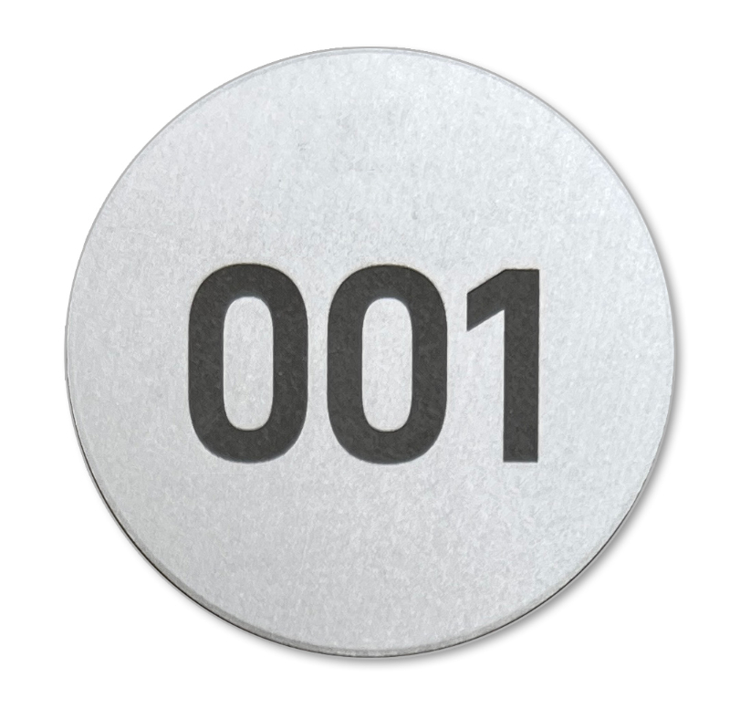 Etiquetas para árboles, grosor 1 mm, aluminio mate plateado natural, números gris oscuro, grabado láser