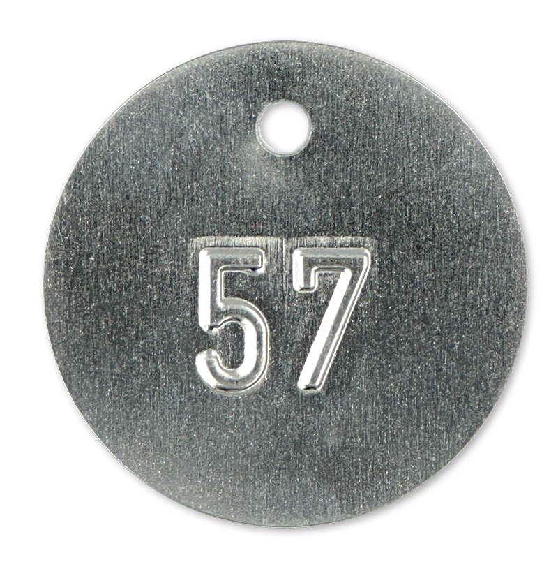 Placa de hojalata estampada, Ø 45, grosor 0,2 mm, 1 orificio superior de 5 mm, números en relieve